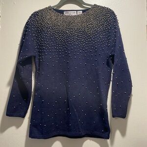 𝅺🥂HP🥂 Vintage Bonnie Boerer Navy Blue Beaded Gold Ball Sweater Top